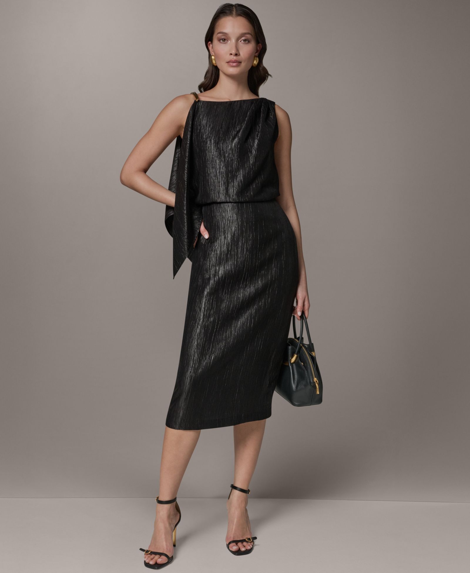 Donna Karan New York Women's Crinkle Satin Square Neck Midi Sheath Dress
