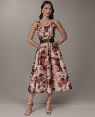 Donna Karan New York Женское платье миди А-силуэта с цветочным жаккардом и круглым вырезом без рукавов