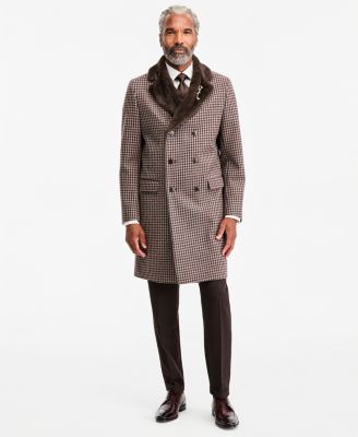 Tayion Collection мужское длинное пальто с двойным бортником и клеткой гусиная лапка, классический крой, цвет тан