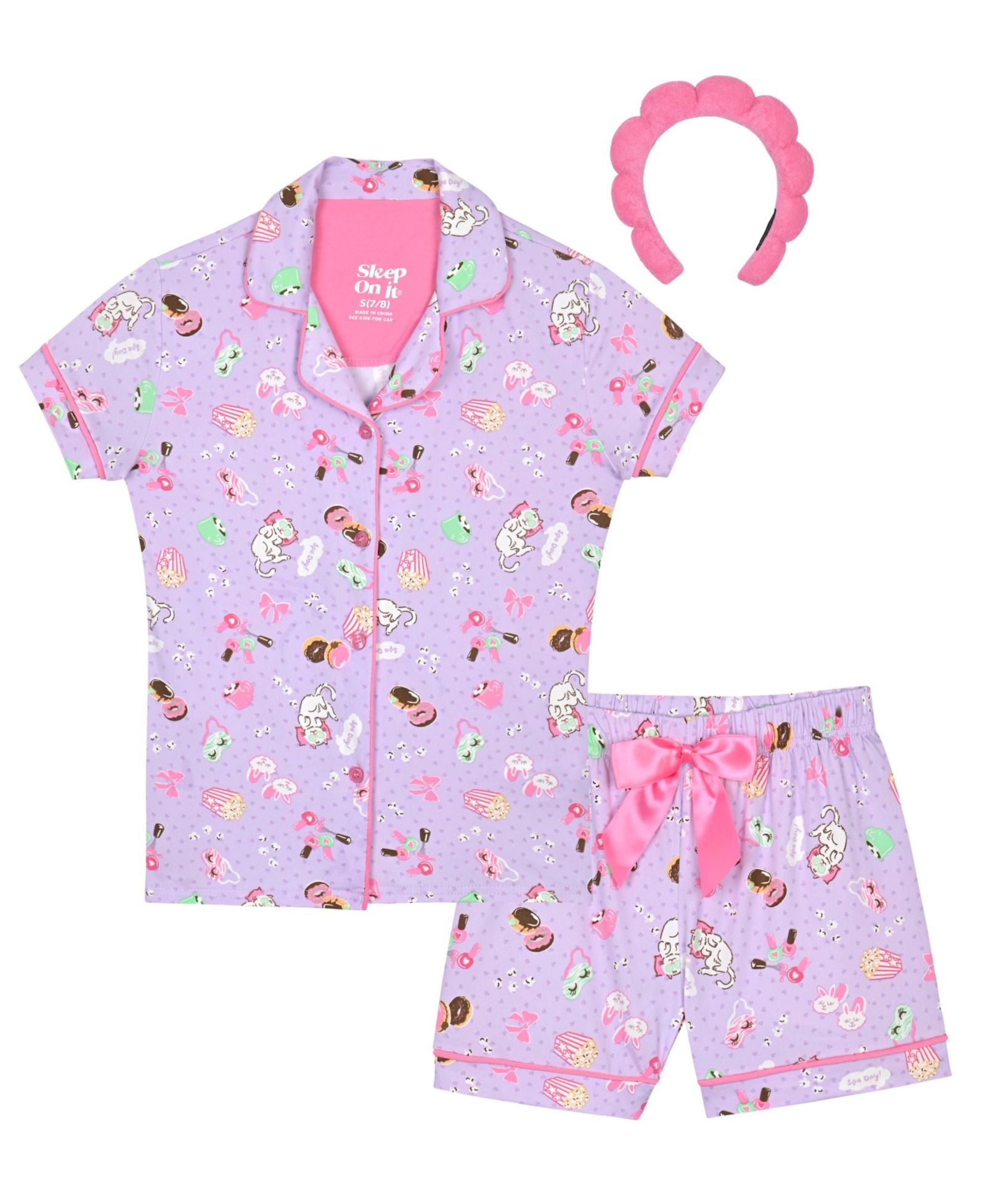 Sleep On It Girls' 7-16 Milky Conversational Print Short Coat and Shorts with Headband, 3-Piece Set