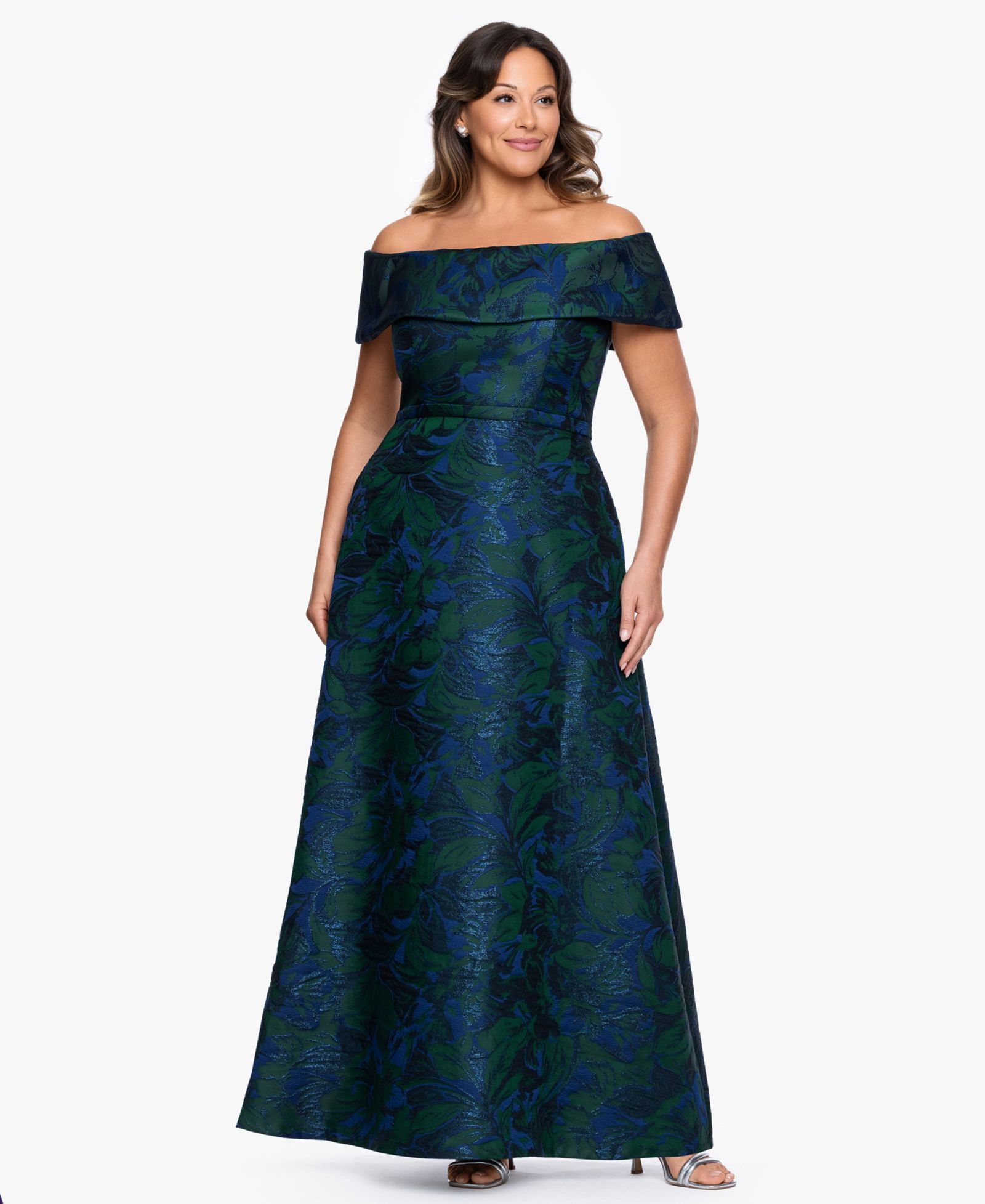 XSCAPE Plus Size Off-The-Shoulder Jacquard Ball Gown