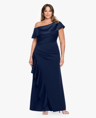 Betsy & Adam Plus Size Asymmetrical Off-The-Shoulder Ball Gown