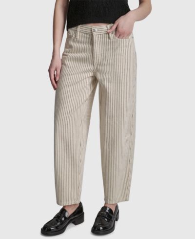 DKNY Jeans Women's Mid-Rise Striped Baby Barrel-Leg Jeans
