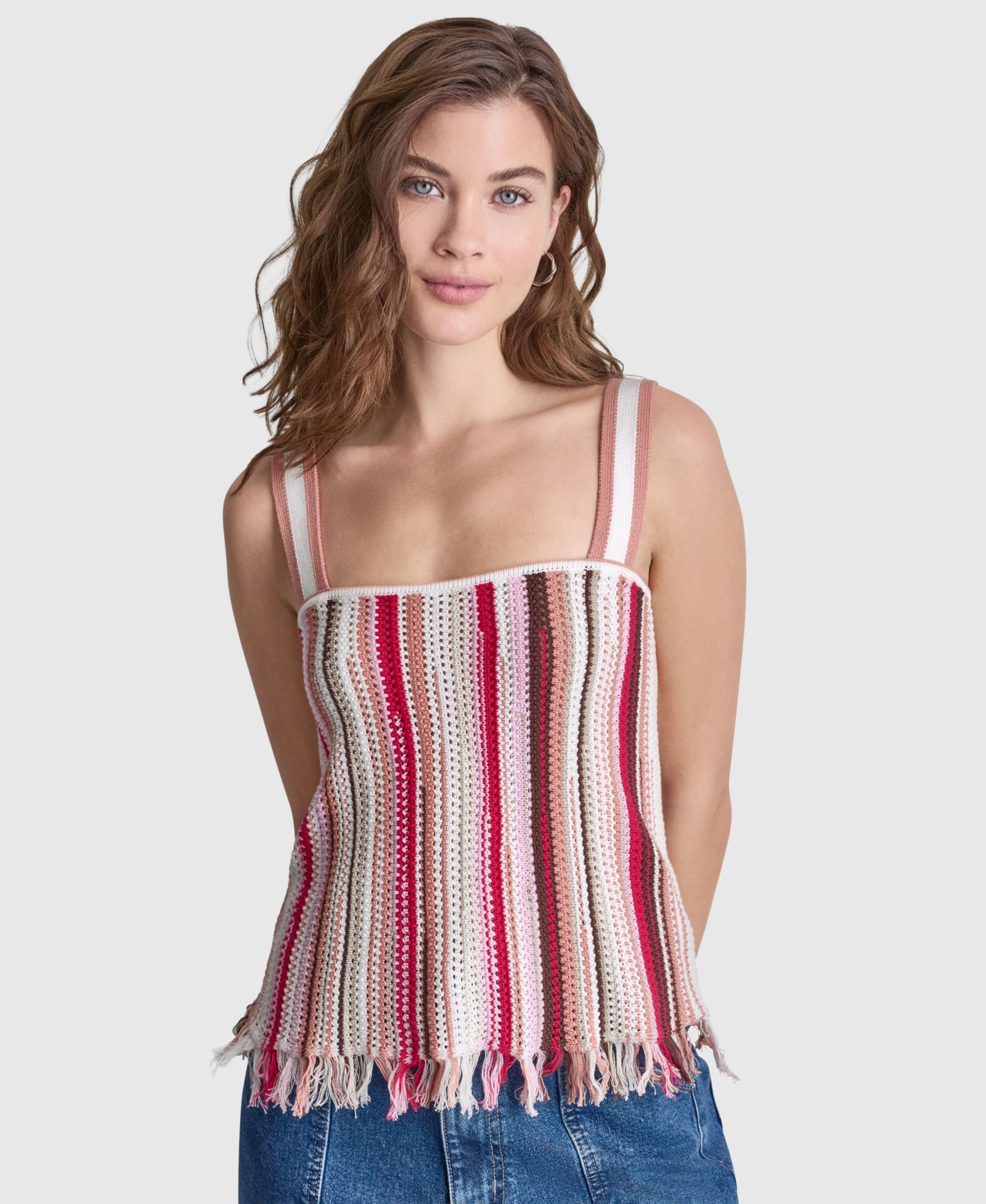 DKNY Jeans Women's Striped Pointelle Stitch Bandeau Knit Cotton Tank Top
