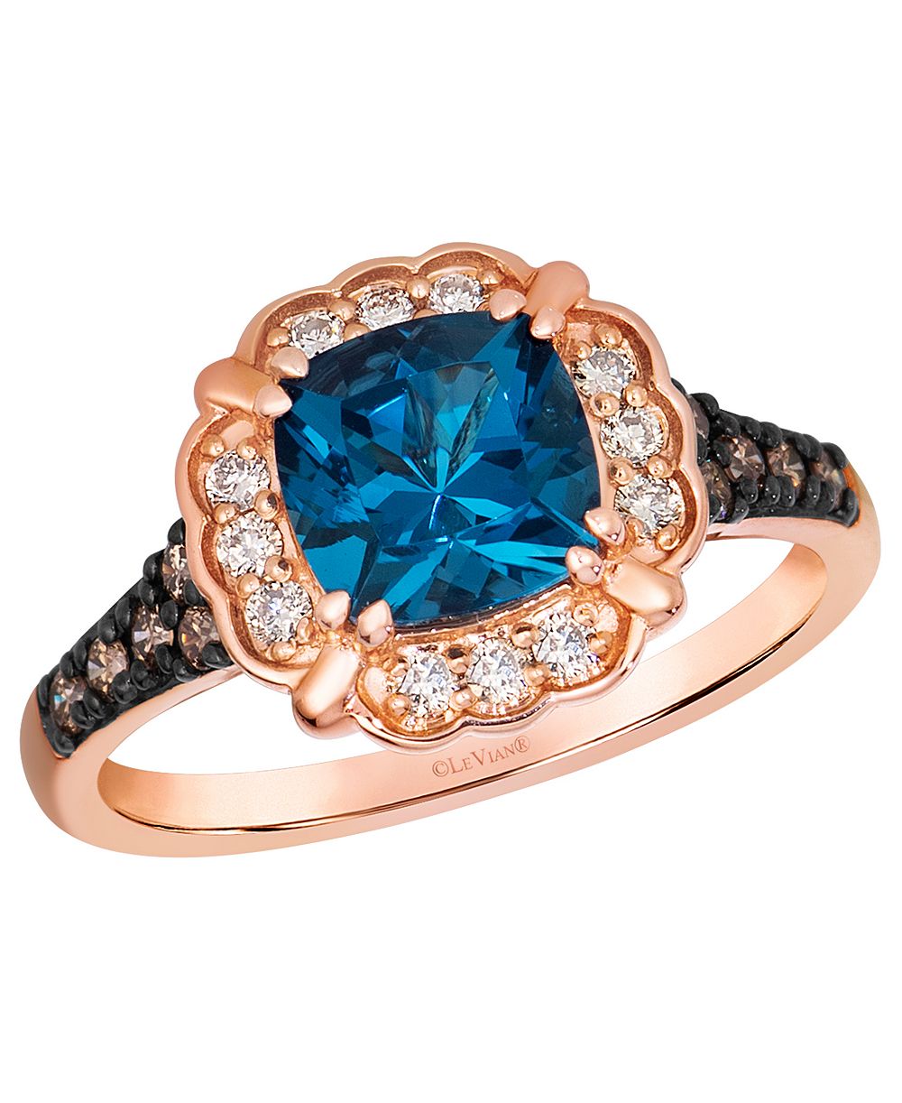 Le Vian кольцо с deep sea blue topaz cushion cut (1-5/8 ct. t.w.), chocolate diamond (1/6 ct. t.w.) и nude diamond (1/6 ct. t.w.) в 14k strawberry gold