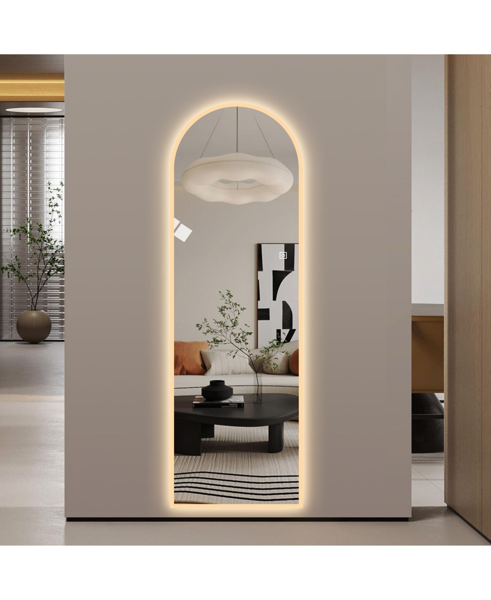 BUSDAYS 65 x 21 Inch LED Full Length Wall Mirror Symmetrical Arch Frosted Glass Border 3 Color Dimmable Copper Free Silver Glass Hardwired or Plug In