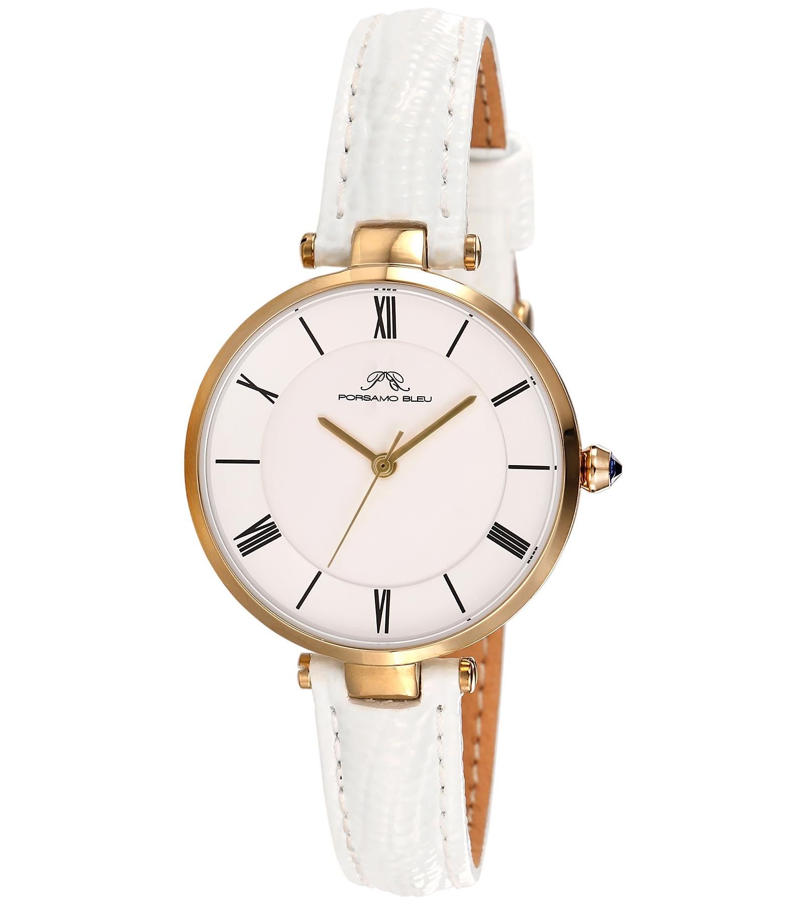 Porsamo Bleu Women's Bellevue Round White Genuine Leather Band Watch 32 mm
