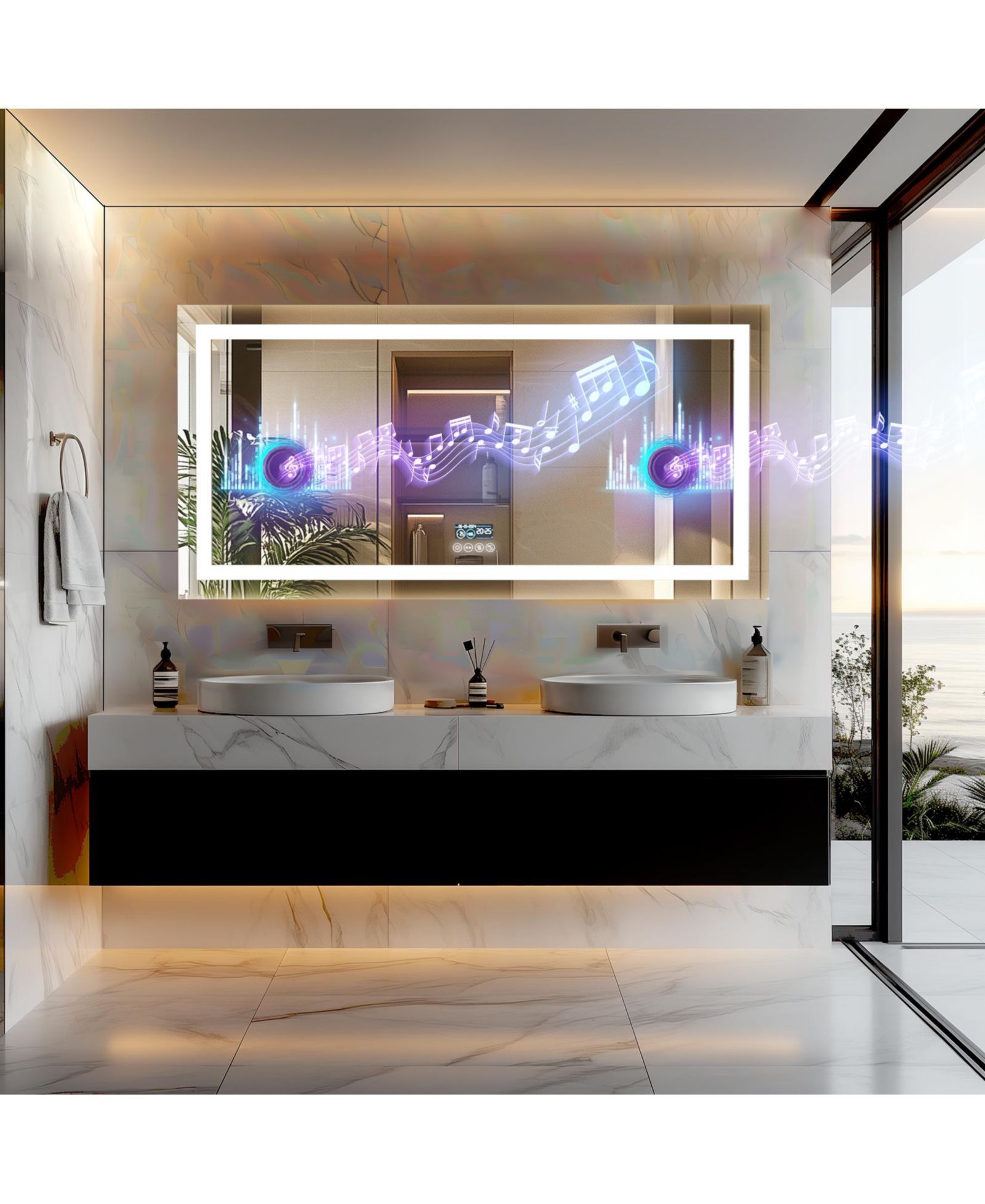 LUVODI 59.4x30.7 inch Colours Wall Mounted Vanity Mirror Bluetooth Speaker Digital Display Front Light Anti Fog for Hotel Bathroom