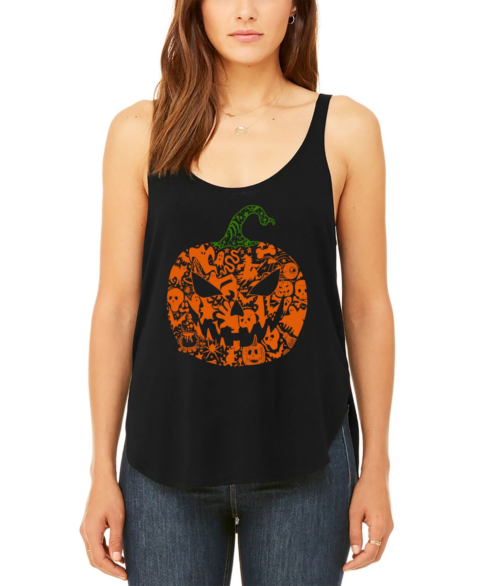LA Pop Art Women's Halloween Pumpkin Premium Word Art Flowy Tank Top