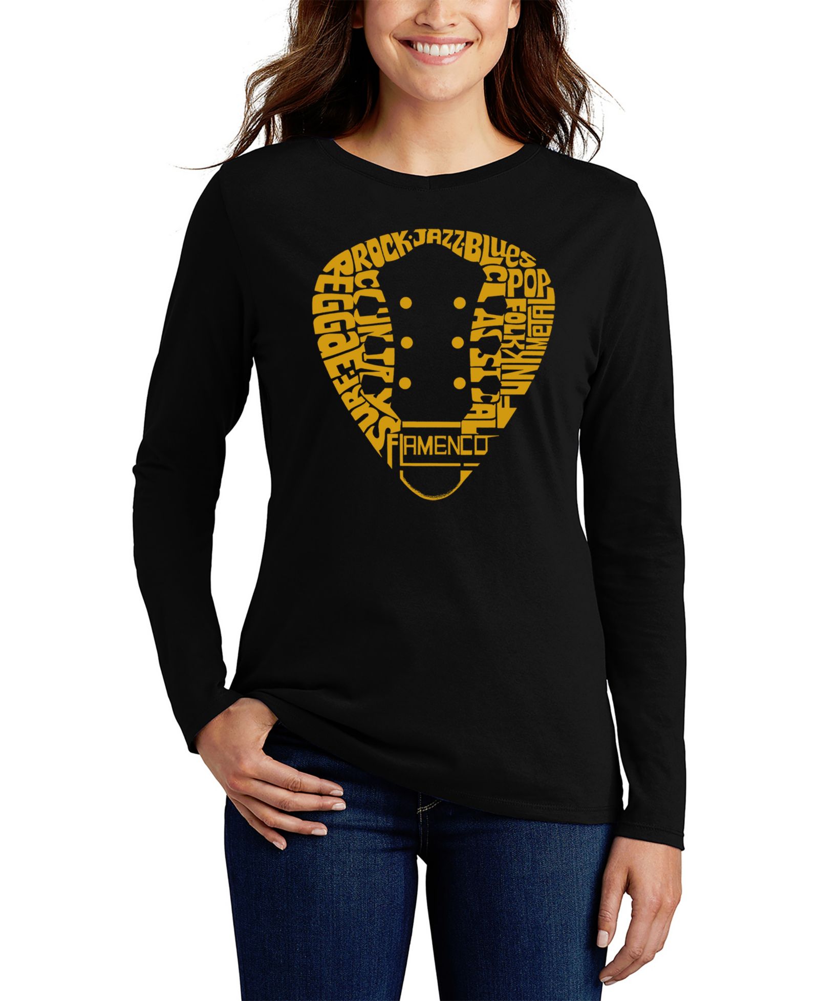 LA Pop Art Women's Guitar Pick Genres Word Art Flowy T-Shirt