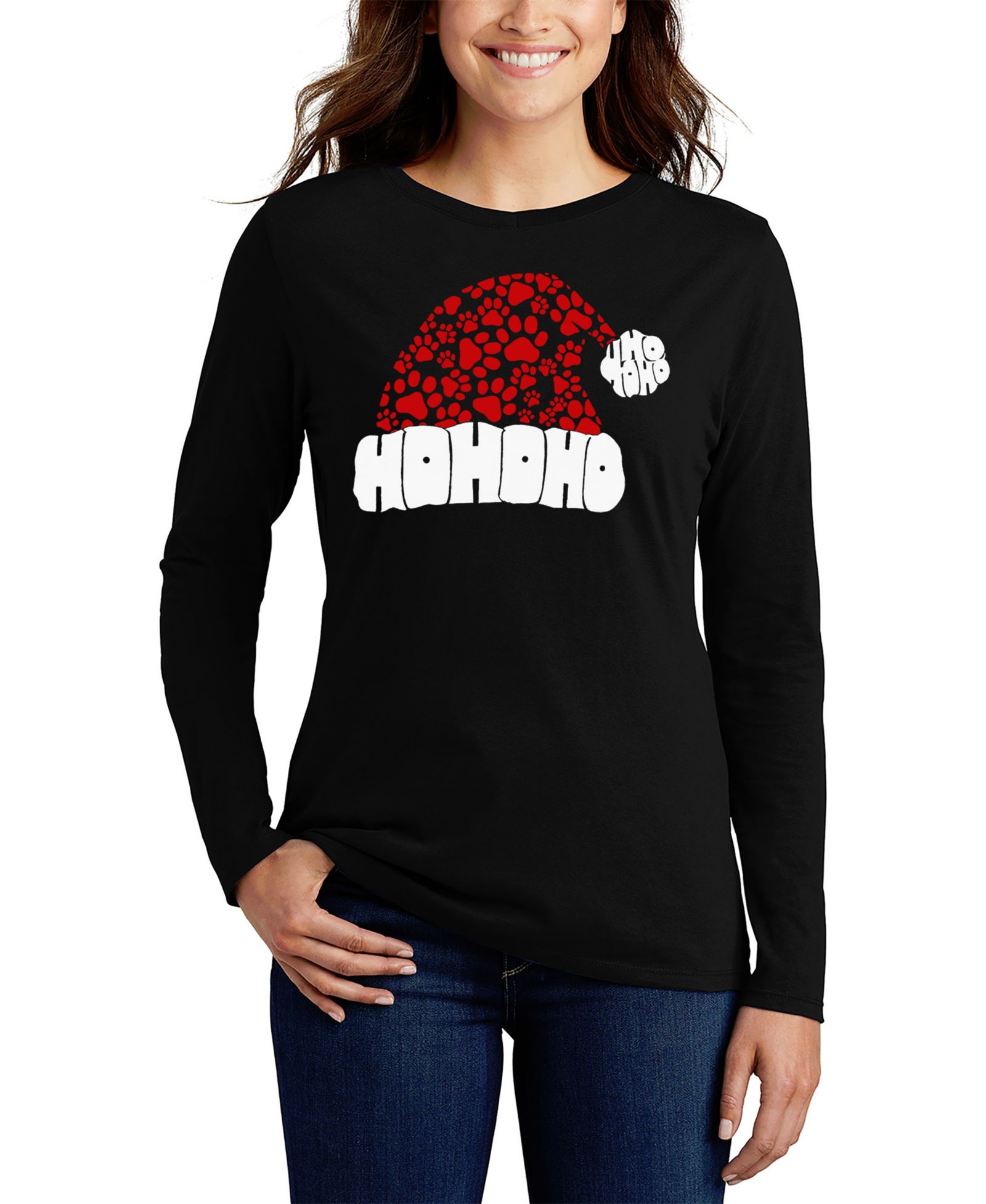LA Pop Art Women's Paw Print Santa Hat Word Art Flowy T-Shirt