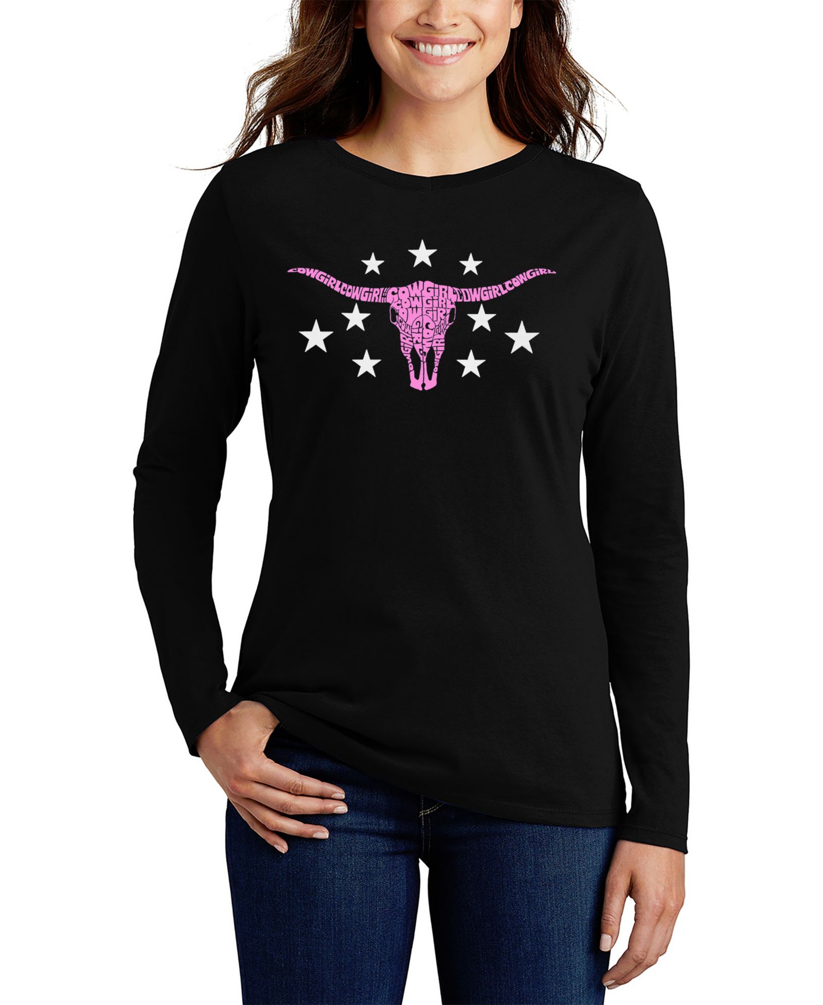 LA Pop Art Women's Cowgirl Cowskull Word Art Flowy T-Shirt