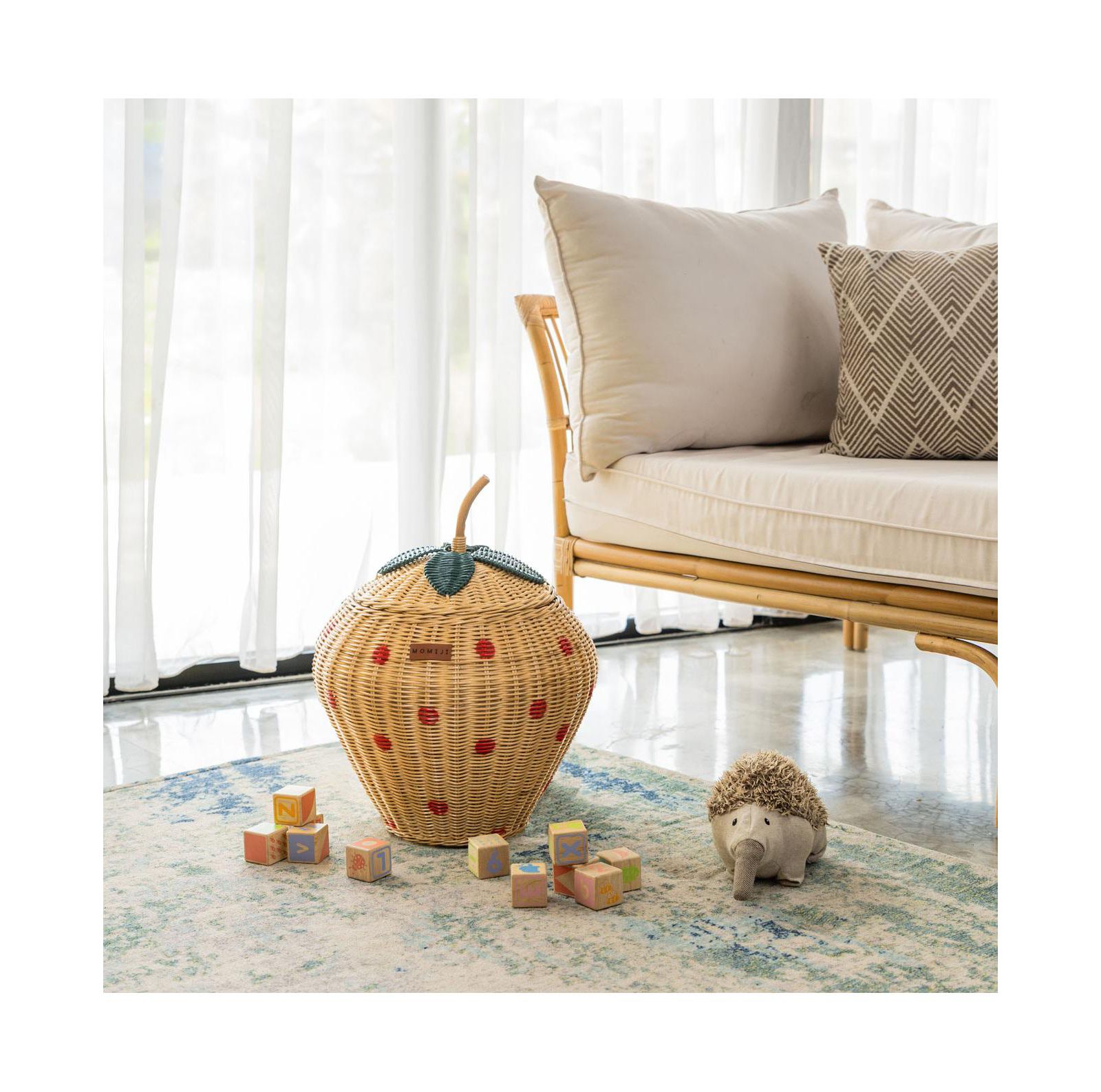 MOMIJI Strawberry Handcrafted Rattan Storage Basket with fabric lining - Wicker