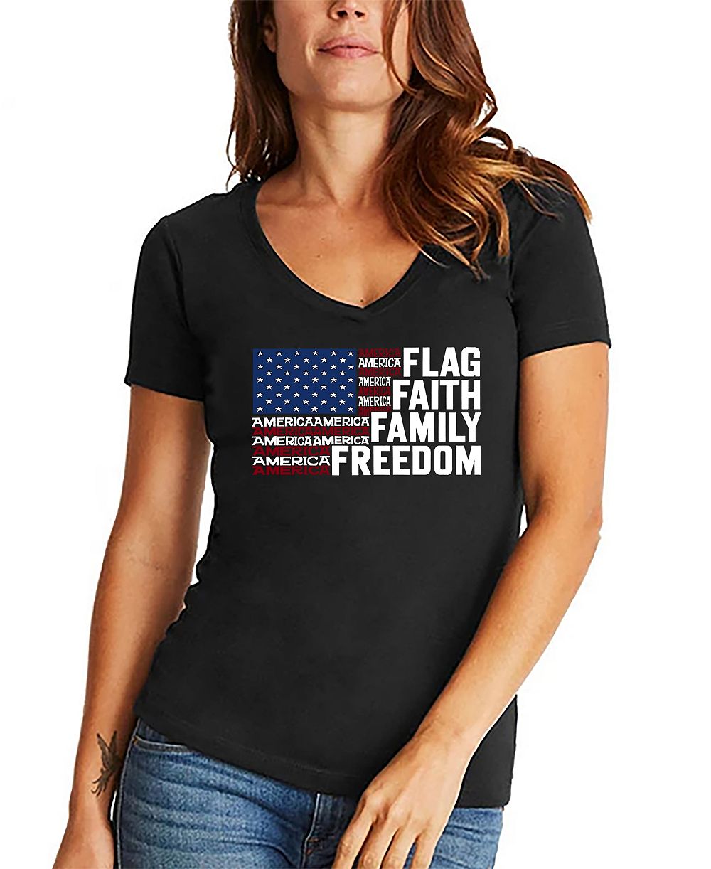 LA Pop Art Women's Faith Flag Word Art V-Neck T-Shirt