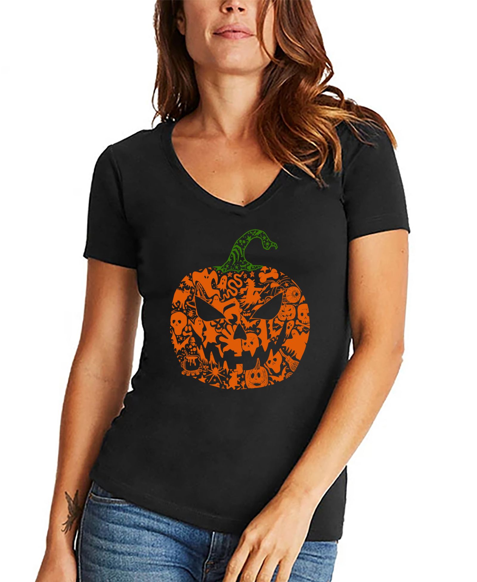 LA Pop Art Women's Halloween Pumpkin Word Art V-Neck T-Shirt