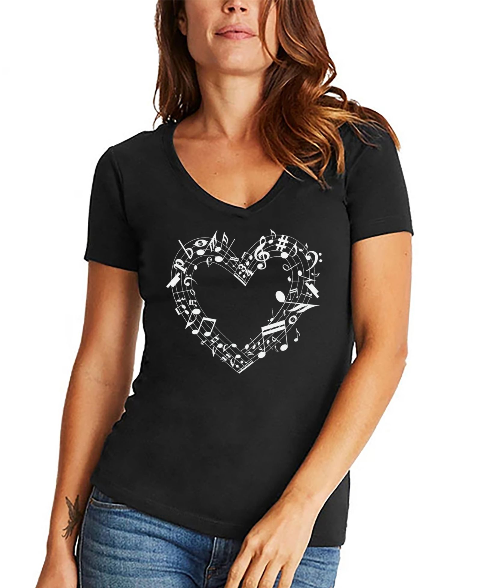 LA Pop Art Women's Sheet Music Heart Word Art V-Neck T-Shirt