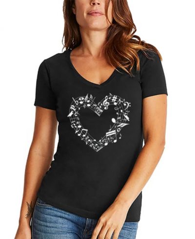 LA Pop Art Women's Sheet Music Heart Word Art V-Neck T-Shirt