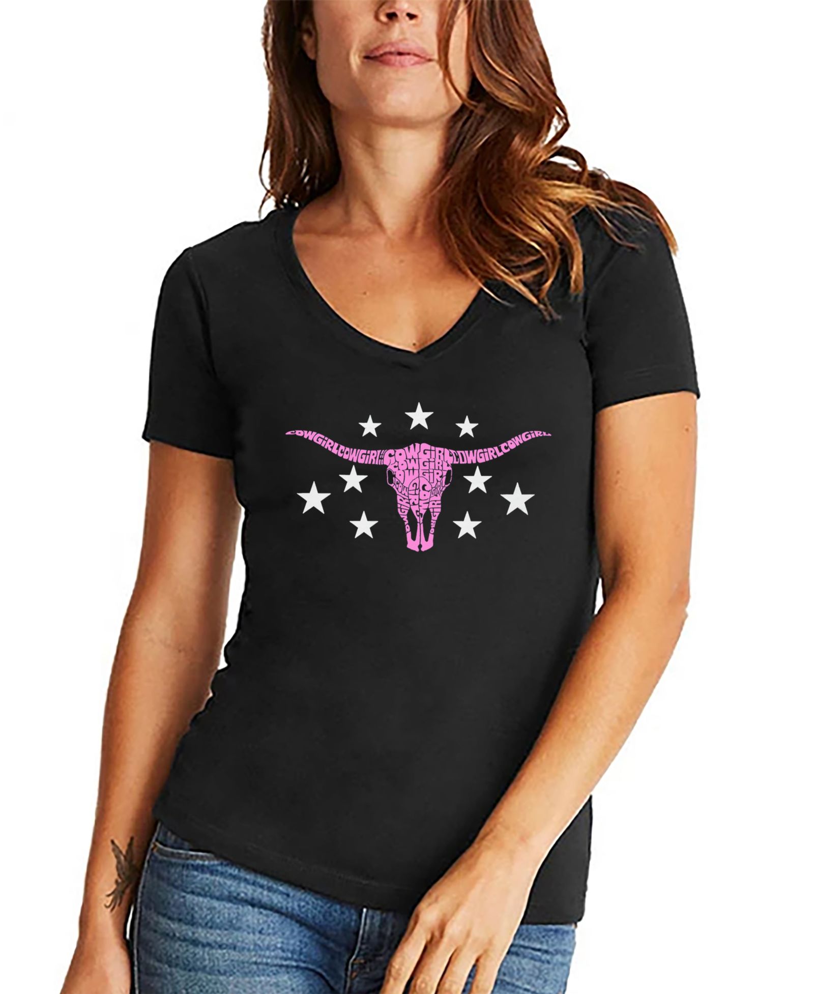 LA Pop Art Women's Cowgirl Cowskull Word Art V-Neck T-Shirt