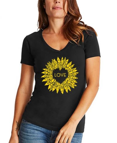 LA Pop Art Women's Sunflower Love Word Art V-Neck T-Shirt