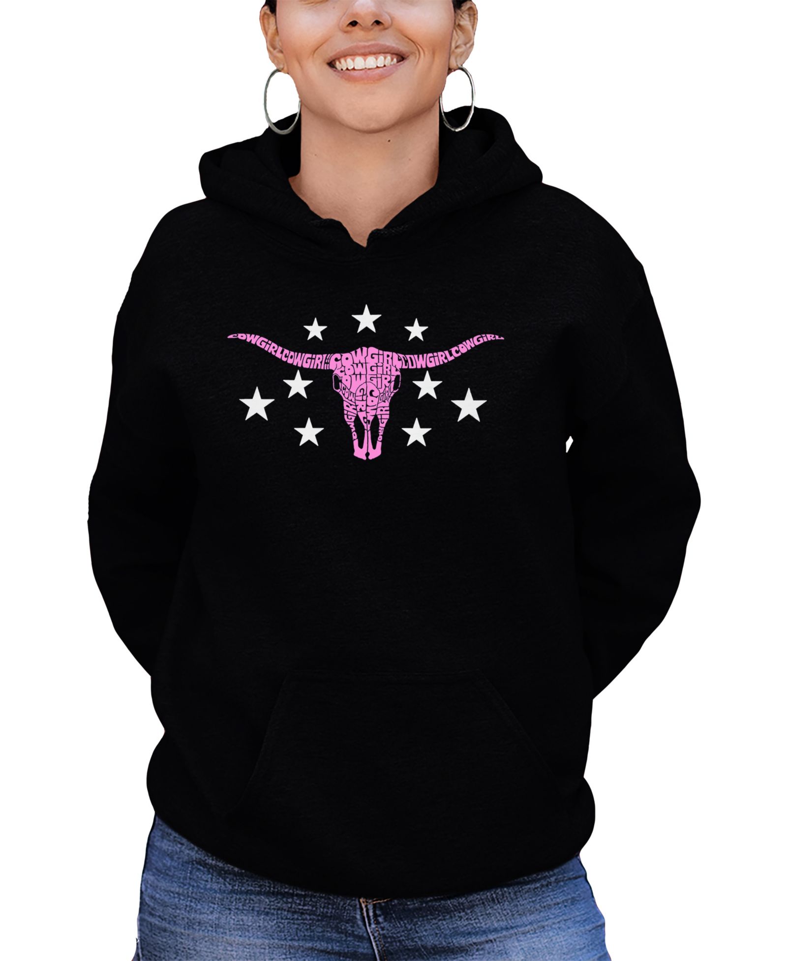 LA Pop Art Women's Cowgirl Cowskull Word Art Hooded Sweatshirt