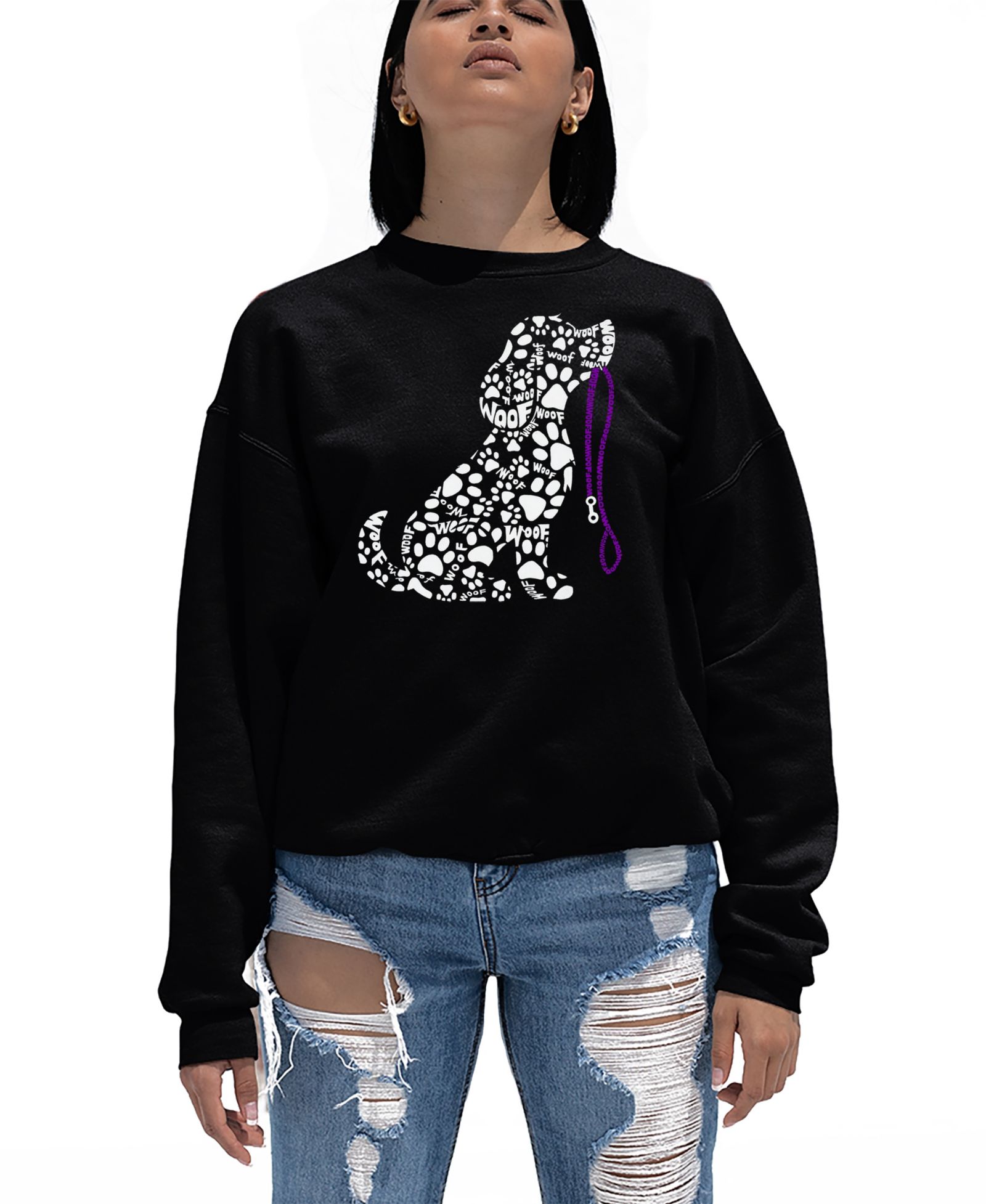 LA Pop Art Women's Dog Leash Word Art Crewneck Sweatshirt