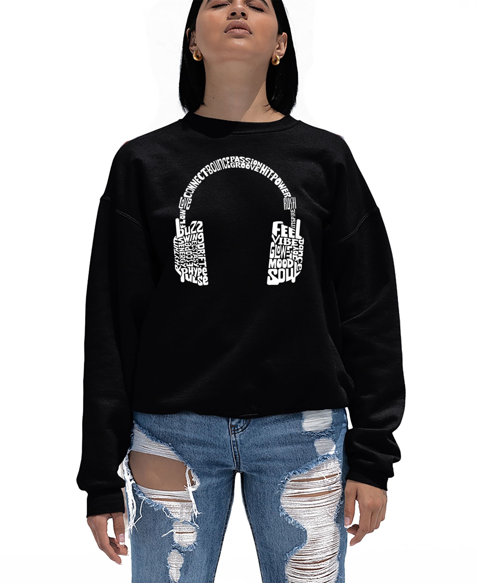 LA Pop Art Women's Mood Headphones Word Art Crewneck Sweatshirt
