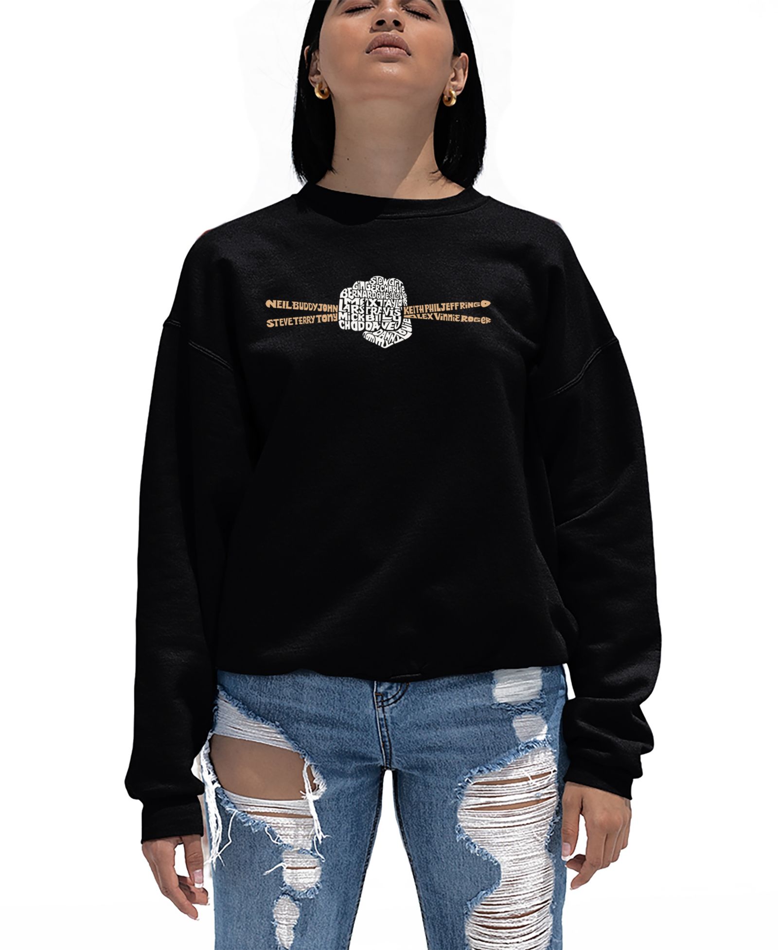 LA Pop Art Women's Drum Sticks Word Art Crewneck Sweatshirt