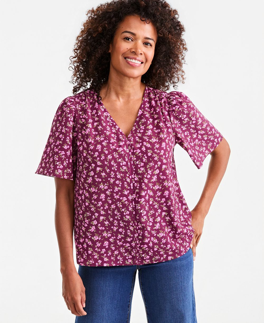 Style & Co Women's Printed V-Neck Flutter Sleeve Blouse, Macy's Exclusive