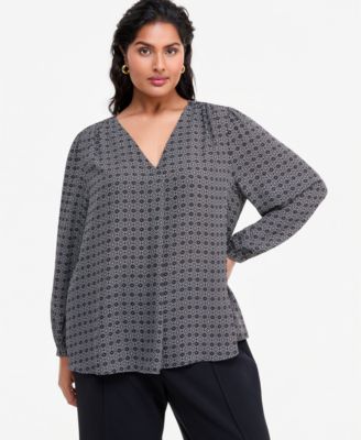 I.N.C. International Concepts Plus Size Long-Sleeve V-Neck Geometric Blouse, Macy's Exclusive