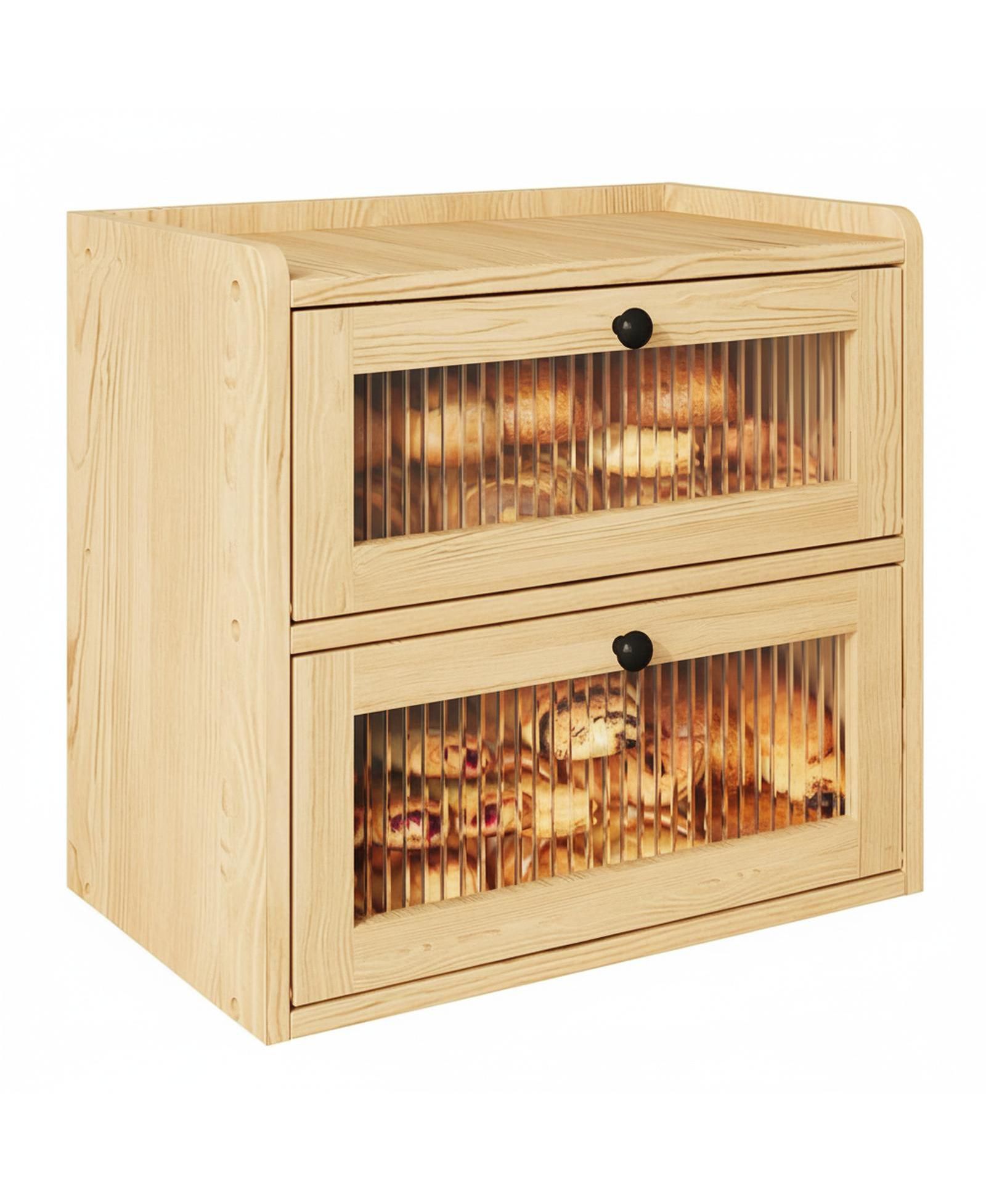 YIGII Double Layer Wooden Bread Box with Window Ventilation Pine Construction Countertop Storage