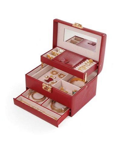 YIGII 3 Layers Leather Jewelry Storage Box with Lock Mirror Drawers for Necklaces Earrings Bracelets Rings