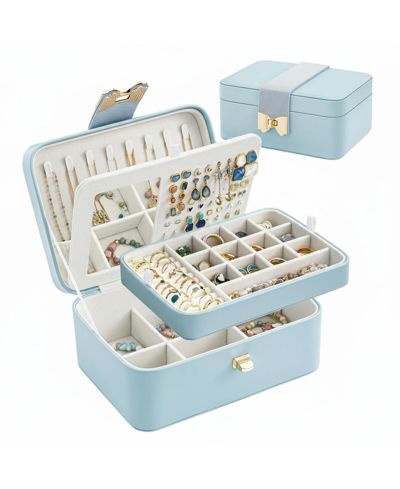 YIGII 2 Layer Jewelry Organizer Box with Bow Clasp Mirror Storage for Earrings Rings Necklaces Gift