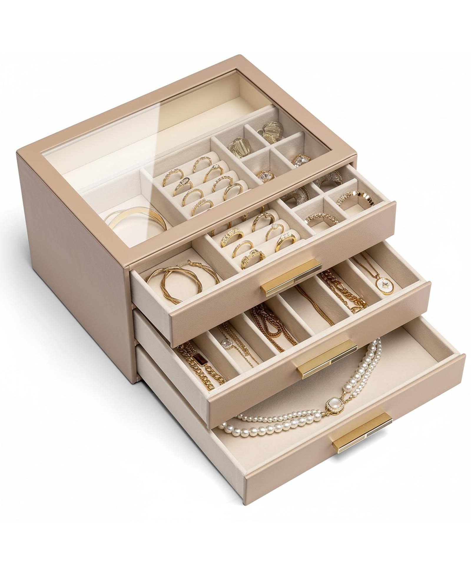 YIGII 3-Layer Organizer with Drawers Glass Lid Display Storage Soft PU Leather Exterior Contrast Metal Handles Refined Style