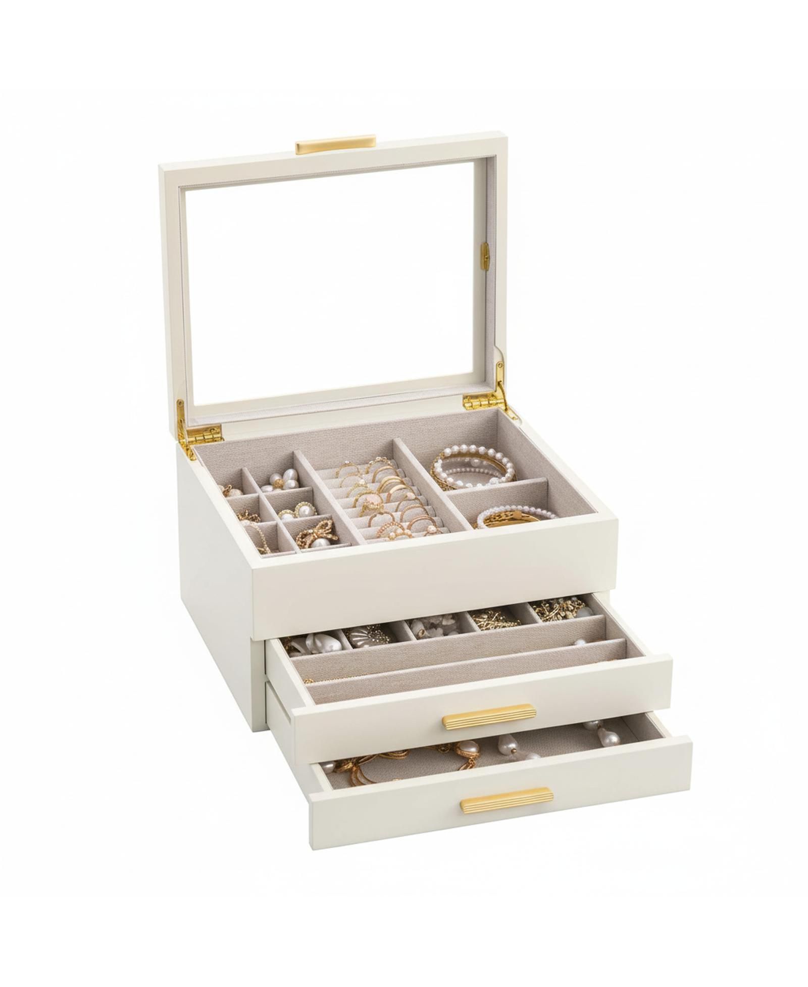 YIGII 3-Layer Clear Window Wood Grain Jewelry Organizer Box for Earrings Bracelets Necklaces Rings High Capacity Storage Gift