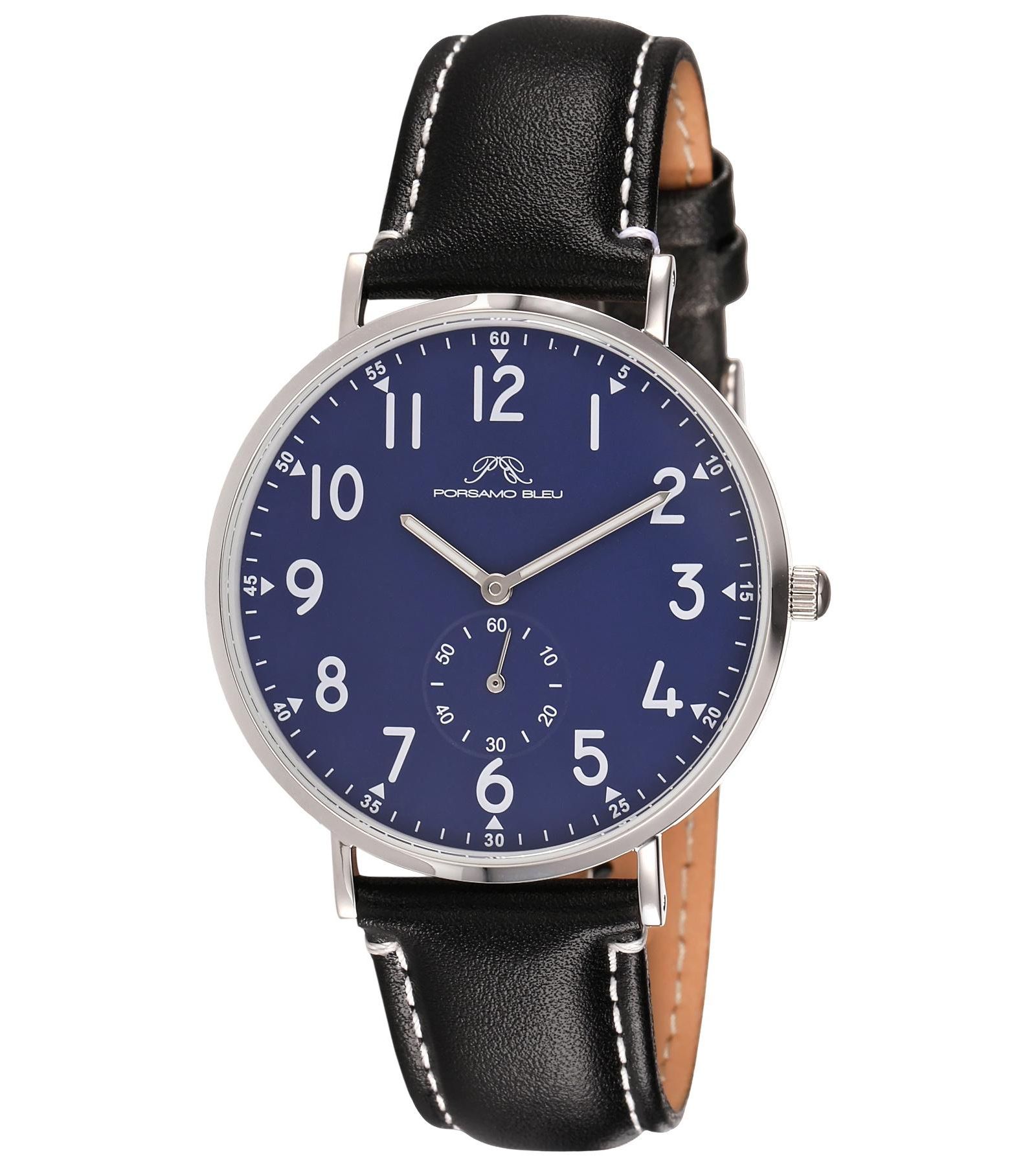 Мужские часы Porsamo Bleu Rowan Round Black Genuine Leather Band 40 mm