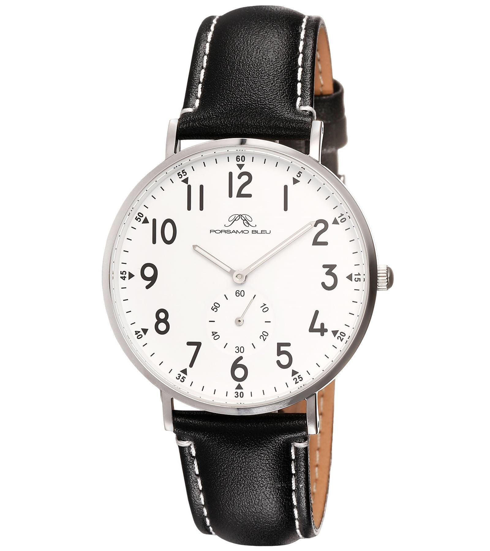 Porsamo Bleu Men's Rowan Round Black Genuine Leather Band Watch 40 mm