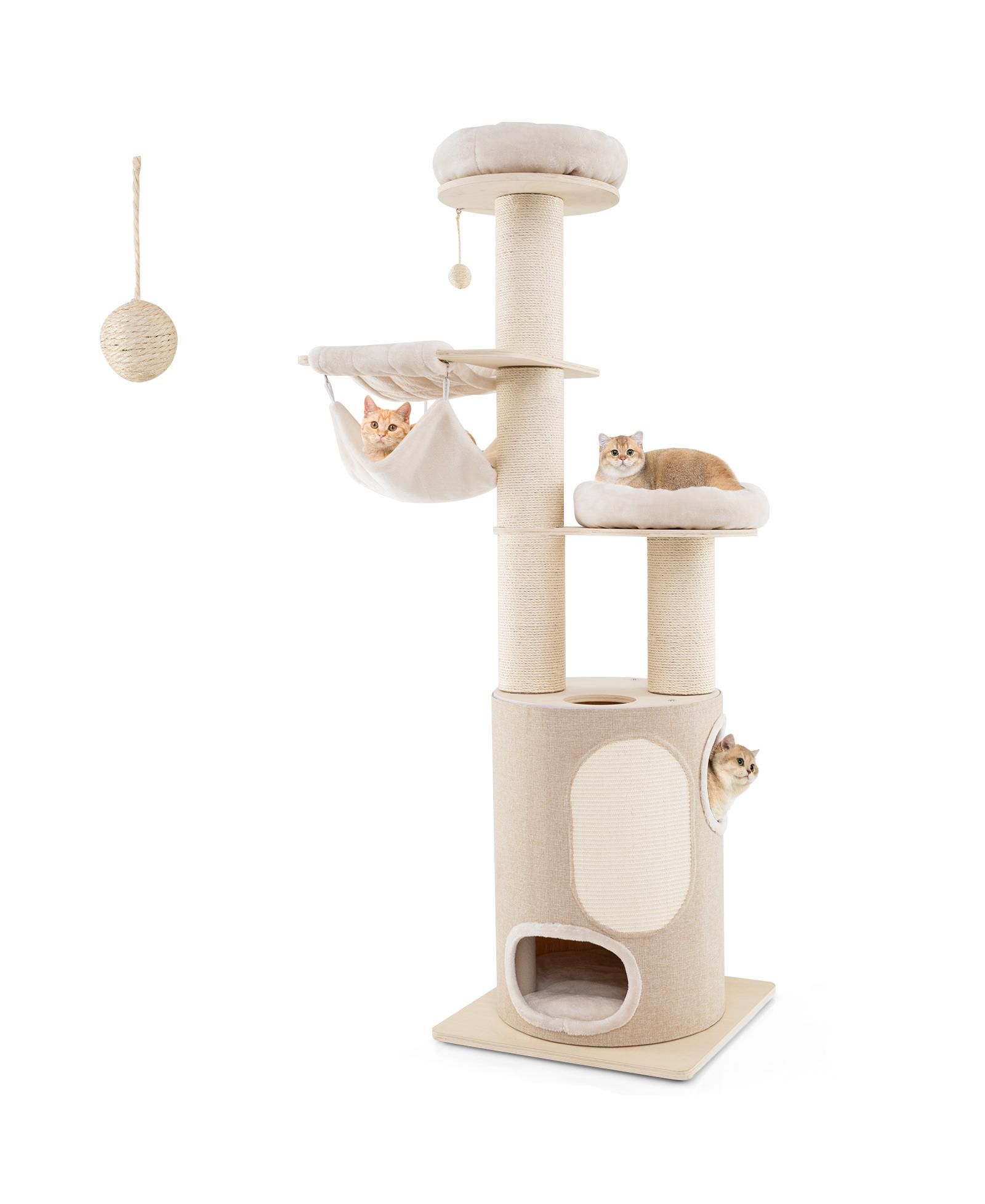 COZITO Cat Tree 74 in Wooden Tower with 2-Story Condo Cushions,