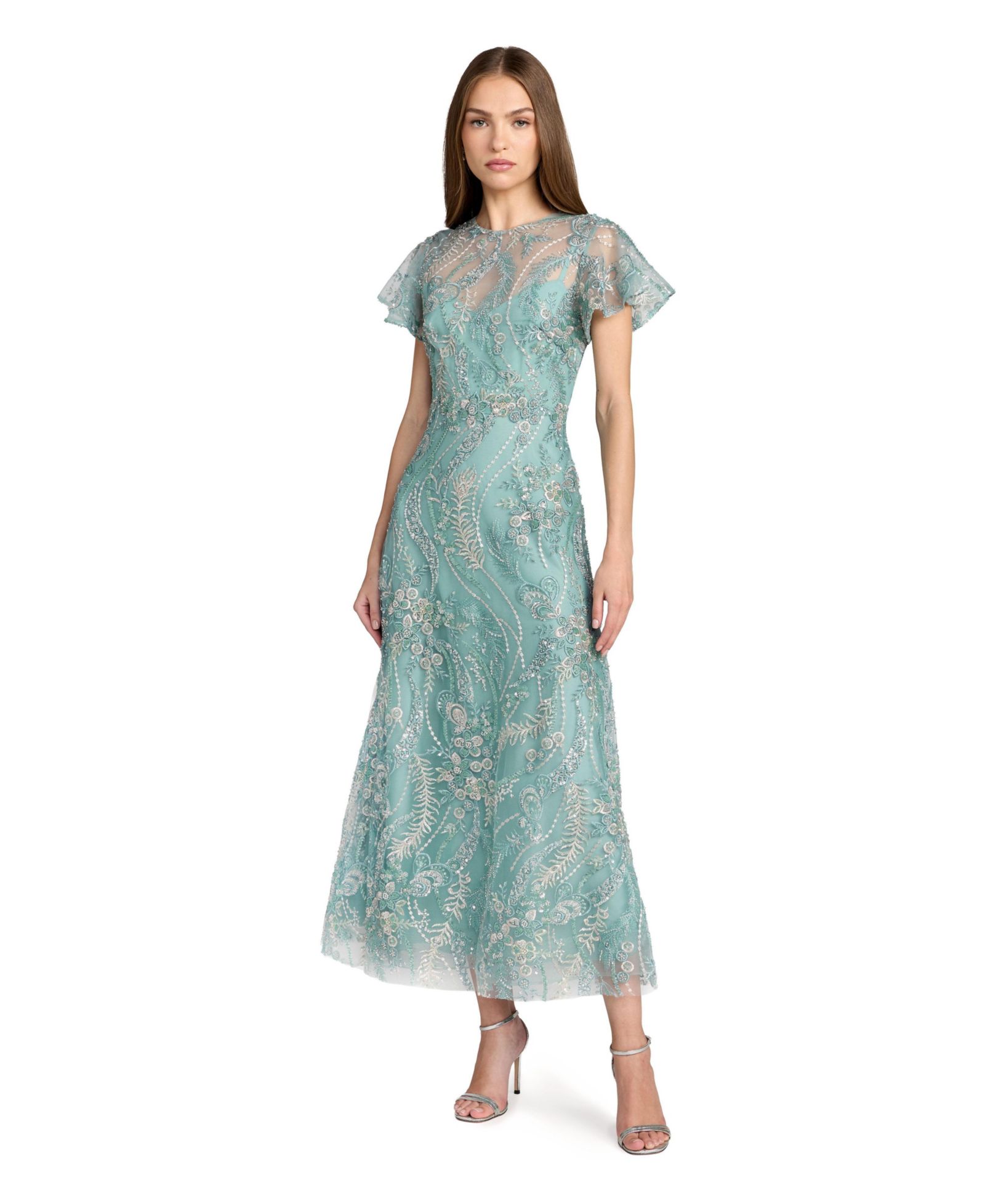 Mac Duggal Women's Floral Embroidered Flutter Sleeve Ankle Dress