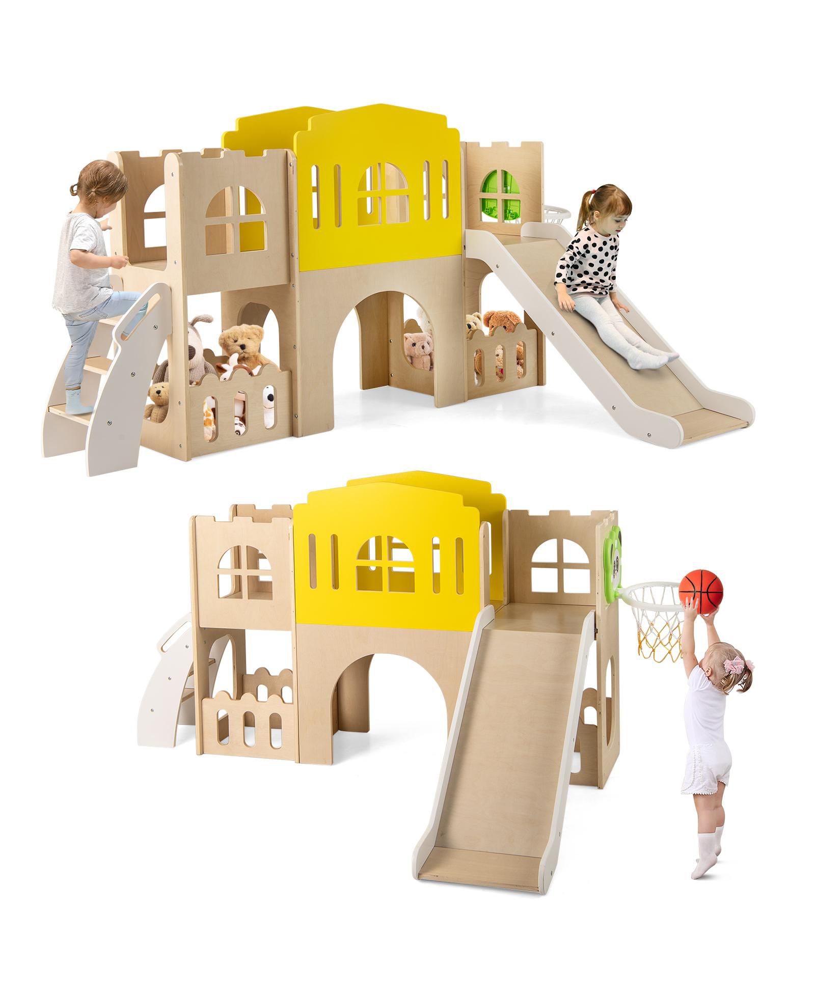 Slickblue Kids 7-in-1 Slide Playset with Climber and Basketball Hoop