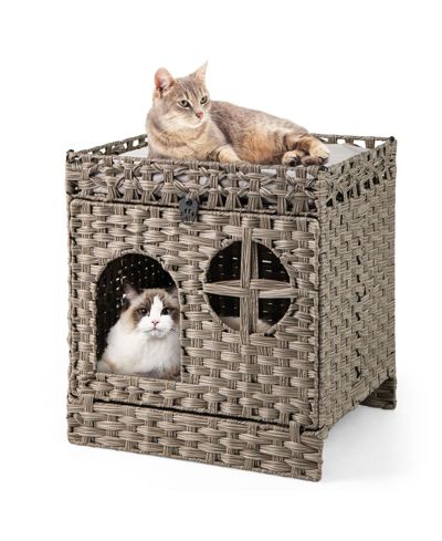 COZITO Cat Litter Box Enclosure Foldable 2-Tier Rattan with Mat