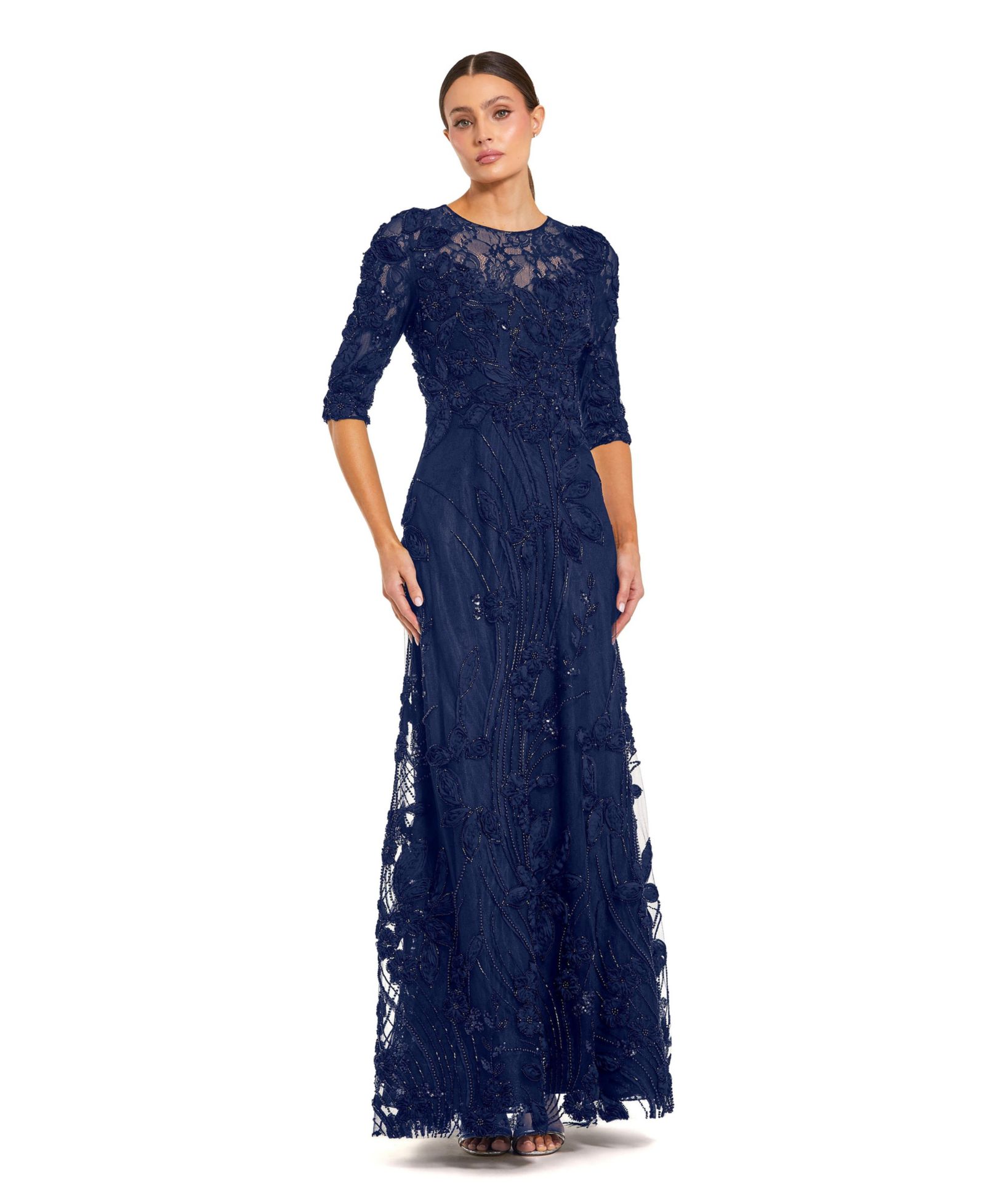 Женское вечернее платье Mac Duggal High Neck Embellished Lace с рукавами 3/4