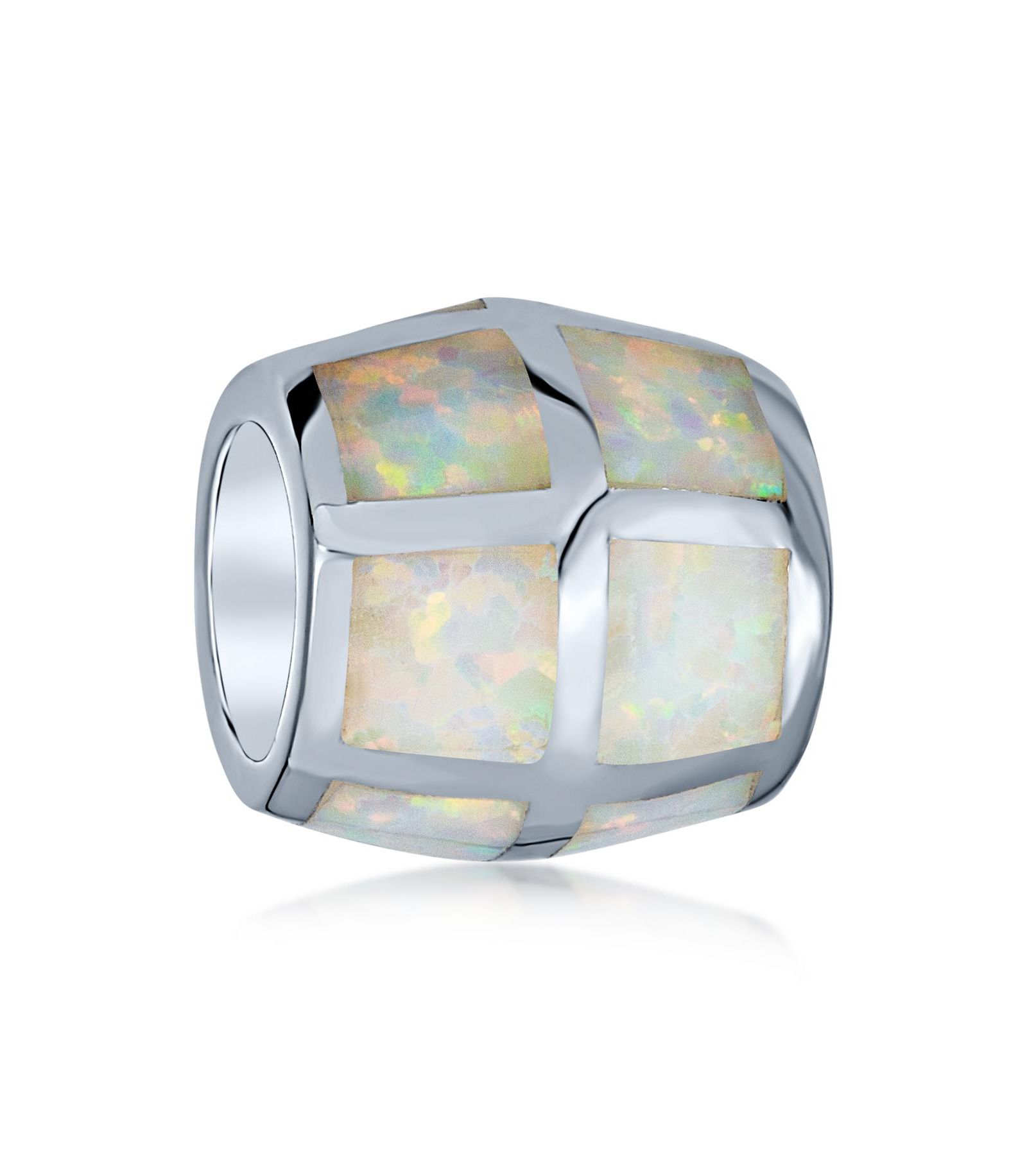 Bling Jewelry Created White Opal Inlay Barrel Charm Bead .925 Sterling Silver For Bracelet