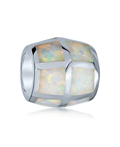 Bling Jewelry Created White Opal Inlay Barrel Charm Bead .925 Sterling Silver For Bracelet