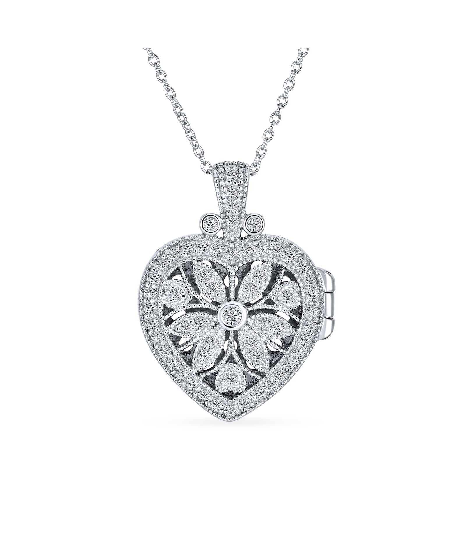 Bling Jewelry Vintage Style Keepsake Flower Heart Shape Photo Locket Pendant Necklace .925 Sterling Silver