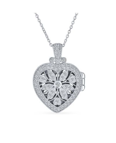 Кулон-медальон Bling Jewelry в винтажном стиле с цветочным узором и сердцем для фотографий, серебро 925 пробы