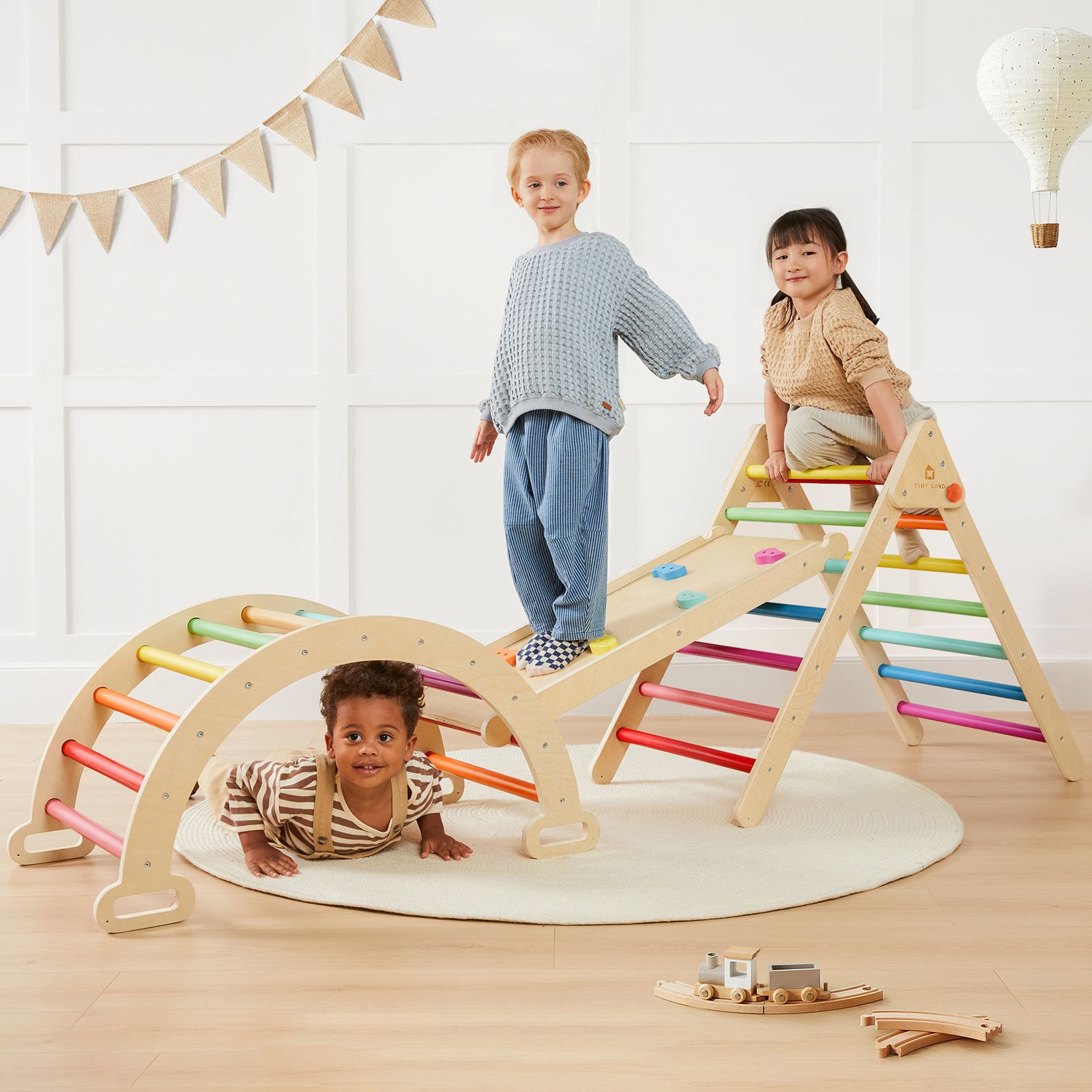 Tiny Land Pikler Triangle Set, 7-in-1 Wooden Montessori Climbing Toy Set, Toddler Indoor Playground Jungle Gym - Rainbow