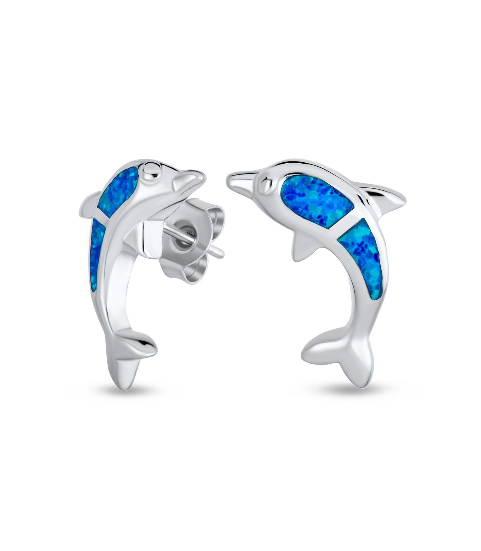 Bling Jewelry серьги-гвоздики с голубым опалом и дельфином.925 Sterling Silver