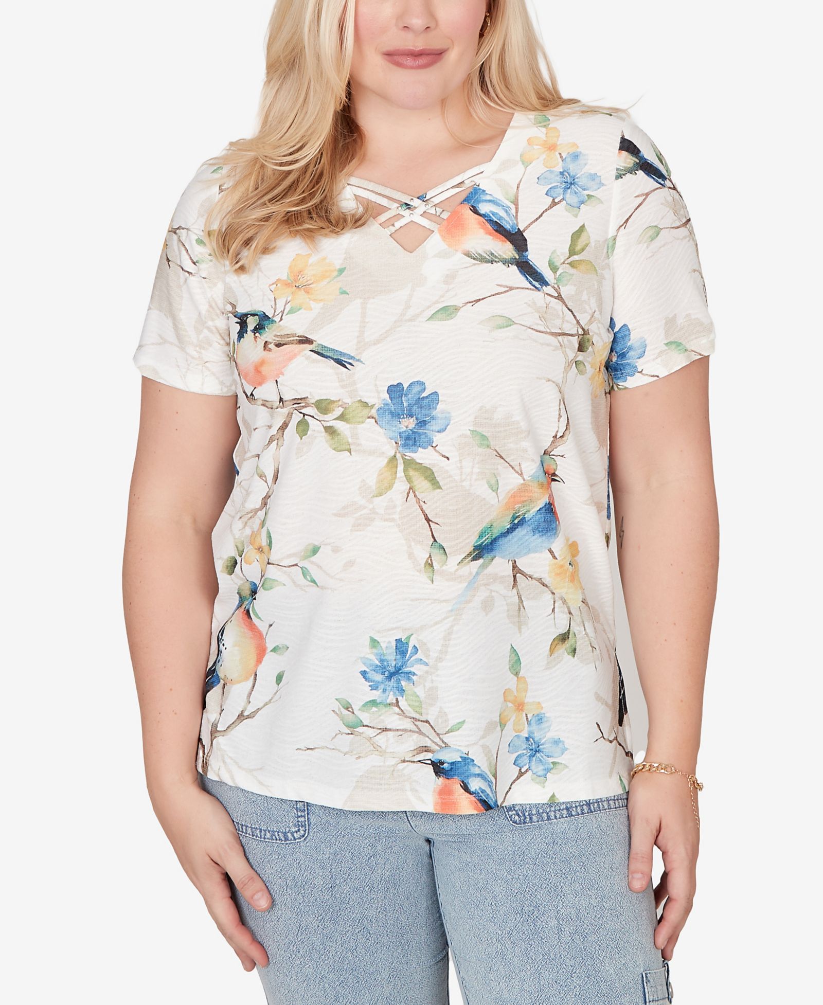 Alfred Dunner Petite Out of the Blue Chickadees Embellished V-Neck T-Shirt