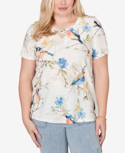 Alfred Dunner Petite Out of the Blue Chickadees Embellished V-Neck T-Shirt