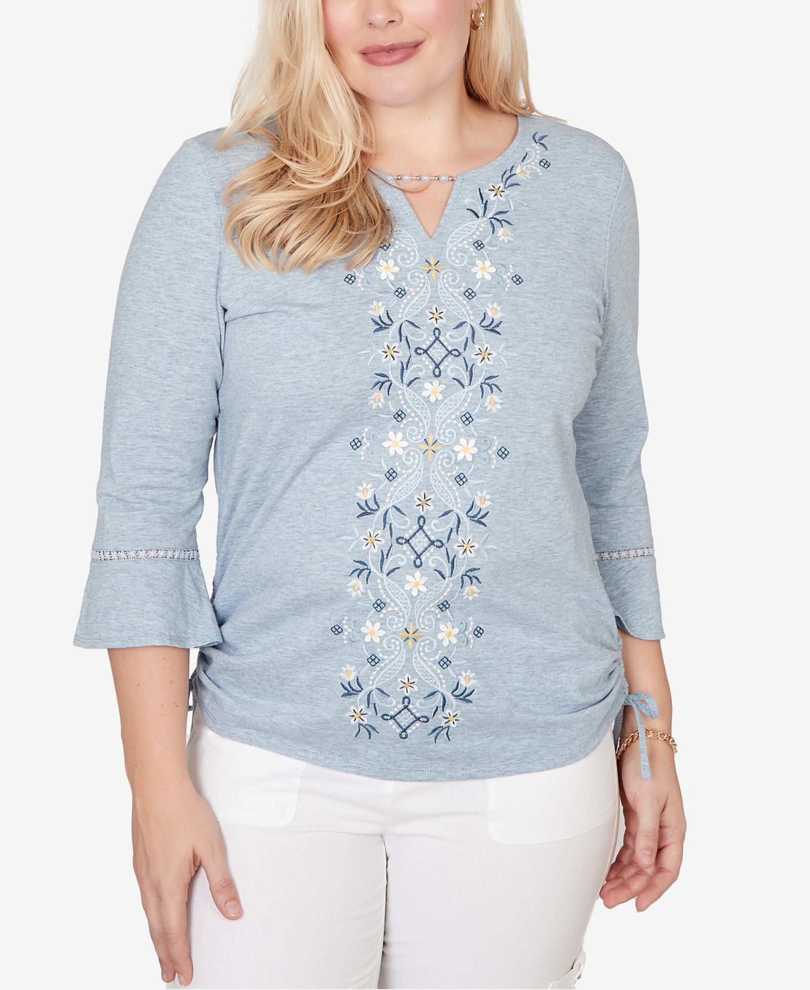 Alfred Dunner Petite Out of the Blue Center Scroll Embroidered Side-Tie Split Neck Top
